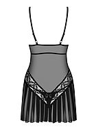 Skin-tight chemise, sheer mesh, lace inlays, pleats